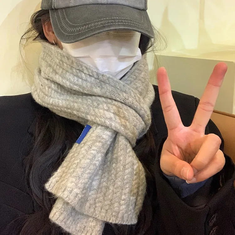 含羊毛针织毛线围巾女生冬季高级感加厚保暖围脖学生百搭披肩灰色