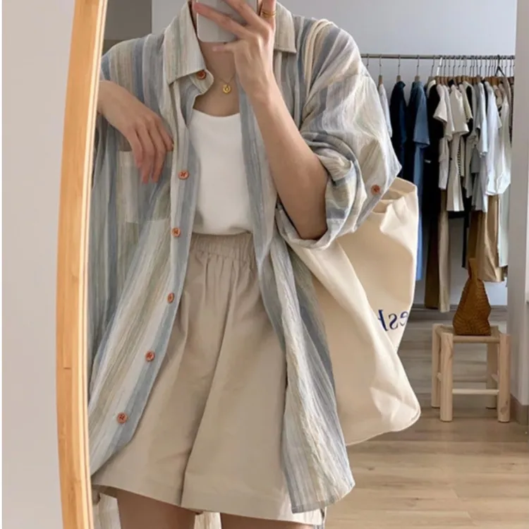 EFOLONG条纹港风长袖衬衫女防晒外套设计感小众衬衣外搭复古上衣