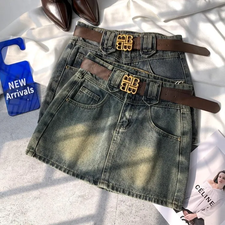 欧货大腰带复古牛仔短裙2024春新款显瘦百搭防走光高腰a字半身裙