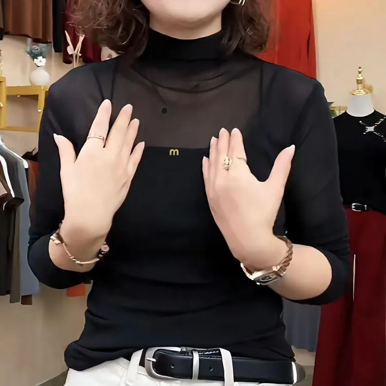 韩版拼接网纱半高领网红黑色修身打底衫女秋季长袖T恤