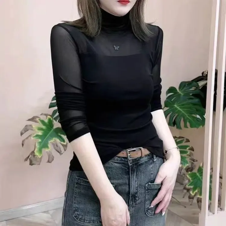 时尚蕾丝上衣遮肚显瘦女T恤纯色小衫秋冬新款加绒长袖网纱打底衫