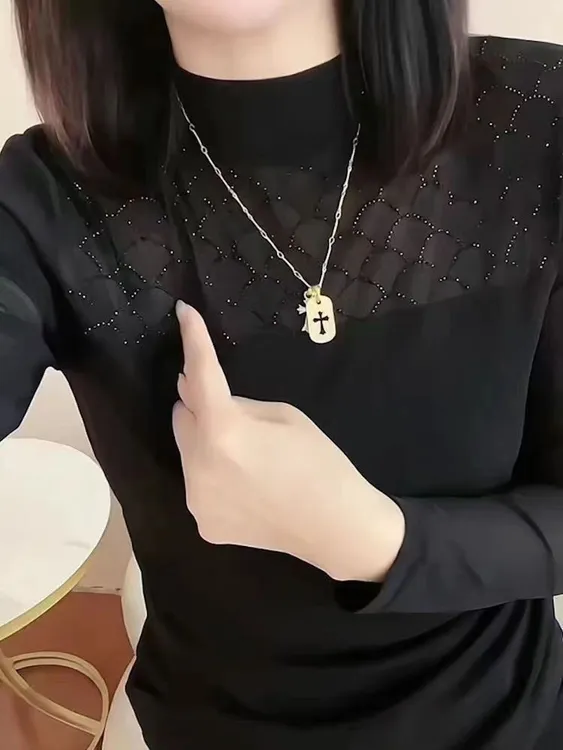 网红洋气烫钻网纱气质长袖上衣女加绒时尚显瘦打底小衫百搭半高领
