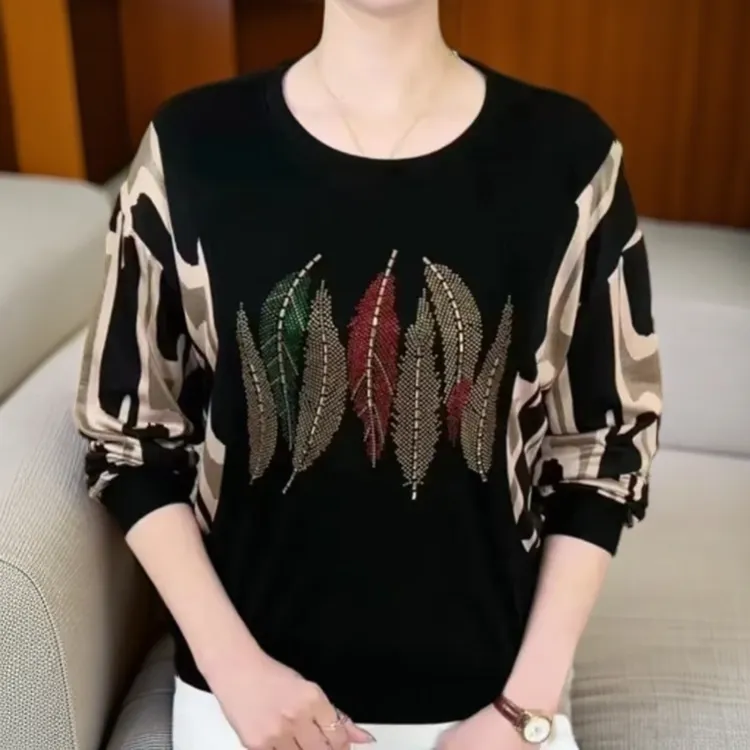 品秋季长袖T恤中年妈妈女装圆领烫钻拼接宽松显瘦大码打底衫女