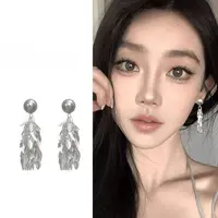 合金耳饰 法式叶片耳钉春夏ins时尚耳饰银色超仙女莫奈美拉德配饰