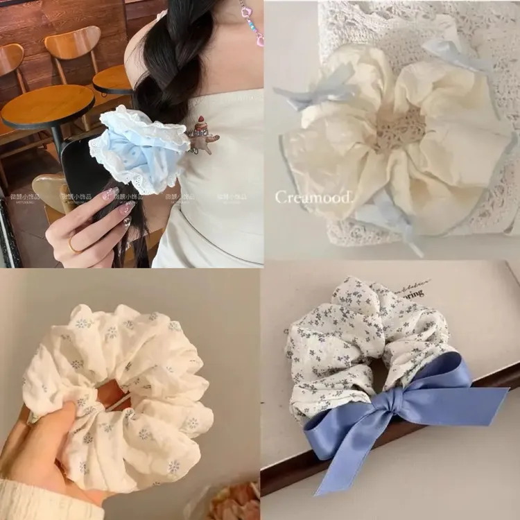 YFEIFEIE芭蕾风cream blue少女发圈发绳蓝色条纹蕾丝大肠圈发饰潮