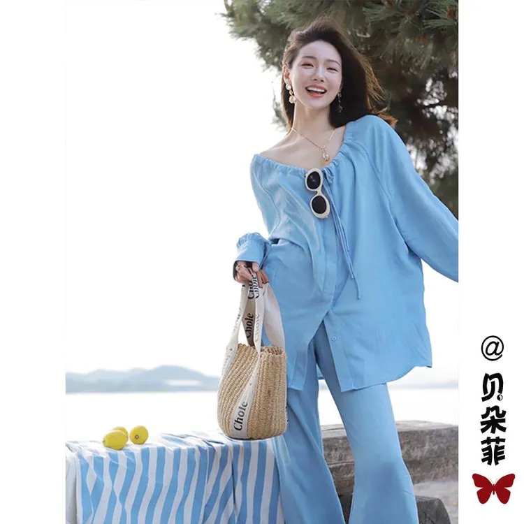 慵懒风松弛感休闲套装女秋季2024新款高级感防晒衬衫阔腿裤两件套