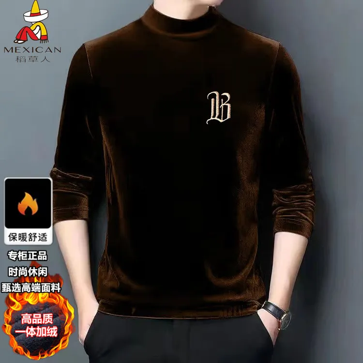 稻草人金丝绒卫衣男加绒加厚半高领毛衣冬季中青年刺绣百搭打底衫