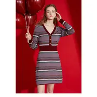 【千颂妮专享】Caroline冬季V领单排扣收腰条纹连衣裙ECRCDC26