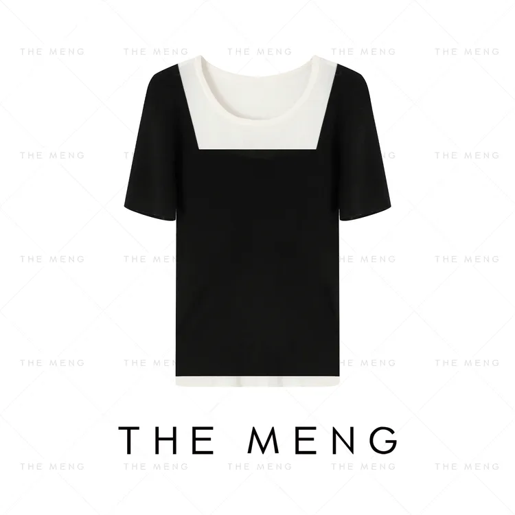 THE MENG【月华】桑蚕丝黑白拼色圆领短袖T恤#M241D045