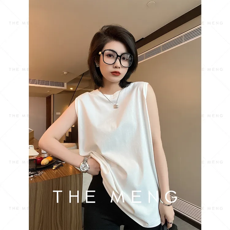 THE MENG【自在感】新品无袖圆领上衣百搭白色休闲T恤#L4846