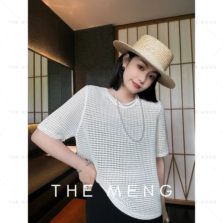 THE MENG【满天星】凉感绵羊毛镂空宽松中袖套头针织衫#M242D0033