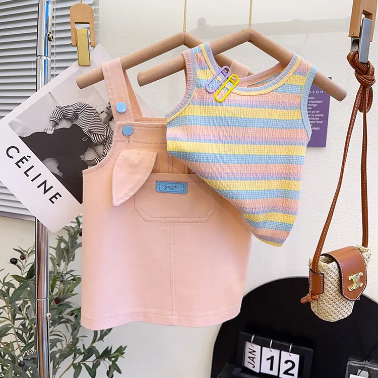 女童背带裙两件套儿童夏季女宝洋气连衣裙宝宝小童时尚无袖条纹