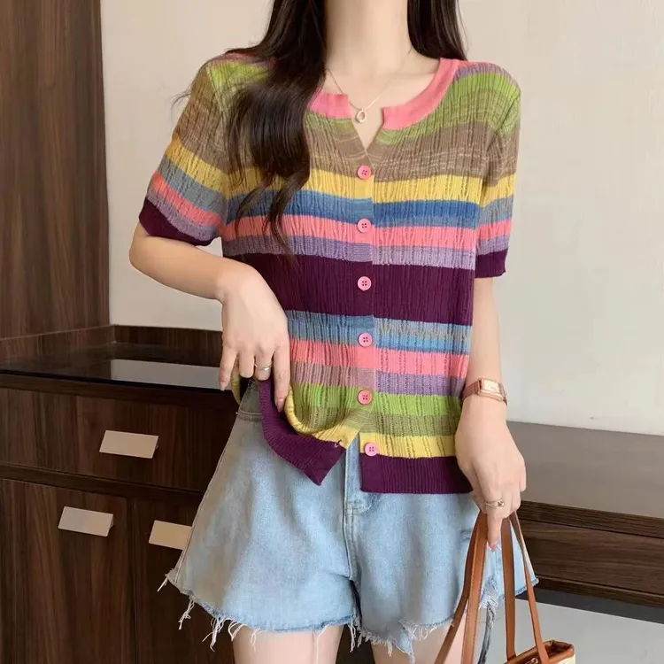 羊毛开衫短袖彩虹条纹针织衫女装2025新款开衫纽扣修身百搭显瘦女