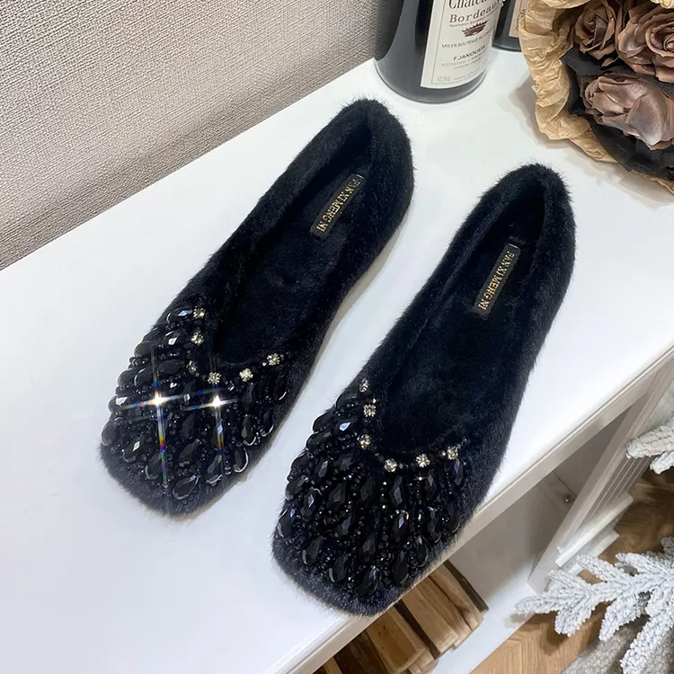 仙女风水钻平底毛毛鞋女外穿2025新款一脚蹬懒人保暖毛绒单鞋