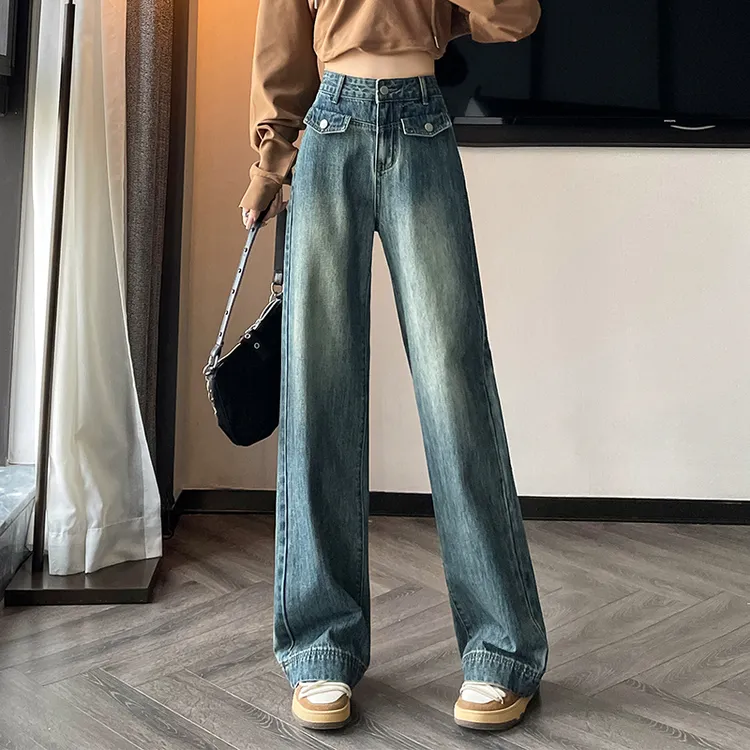 复古蓝个性口袋阔腿牛仔裤女2023新款高腰宽松显瘦垂感直筒拖地裤