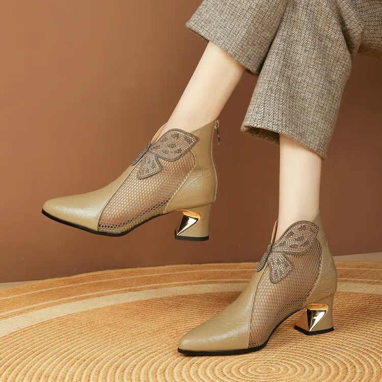 网靴女春夏季新款镂空网纱凉靴高跟真皮凉鞋女尖头英伦风大码鞋子