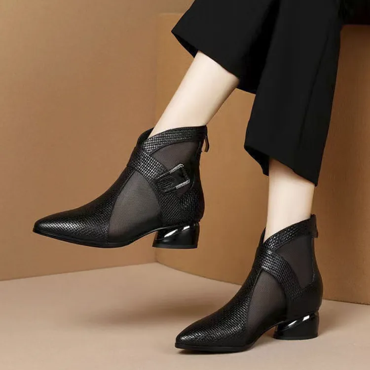 真皮中跟网靴镂空网纱凉靴2025春新款凉鞋女粗跟大码女网面罗马鞋