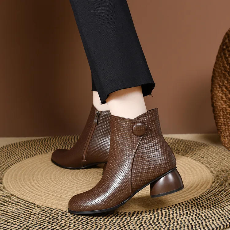 真皮短靴女2025秋冬季新款圆头短筒靴棉靴中跟马丁靴防滑保暖女靴