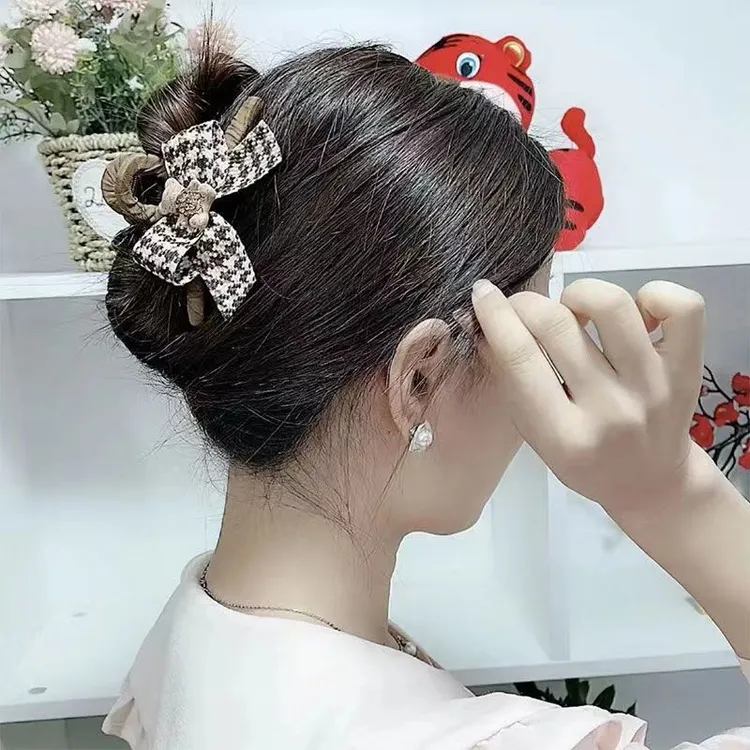 盘头发抓夹发饰千鸟格小熊蝴蝶结抓夹儿童气质时尚可爱百搭头饰