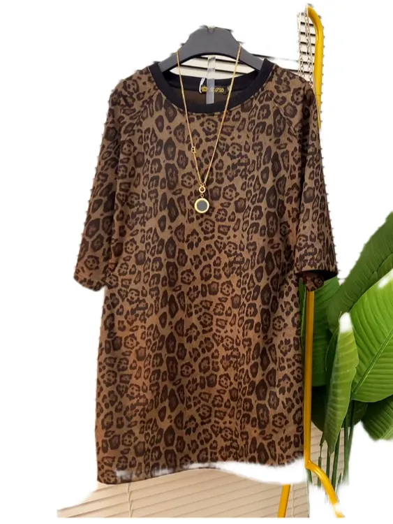 中袖轻熟圆领打底衫极简风套装豹纹T恤时尚夏季中长款