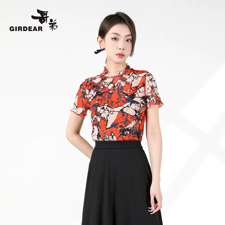 哥弟 2025新款气质时尚修身显瘦拼接烟管领网纱短袖T恤女1300643