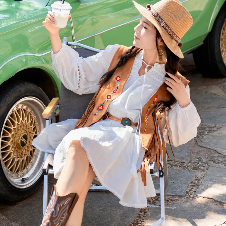 新疆西北穿搭度假长袖百搭休闲女夏少女宽松白色连衣裙短裙A字裙