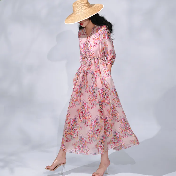 印花碎花女装连衣裙夏季时尚V领显瘦度假裙气质抽绳收腰大摆长裙
