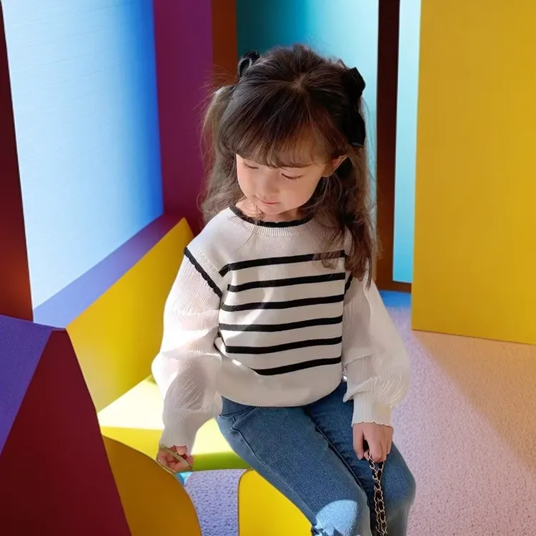 童装女童针织衫春秋新款儿童泡泡袖洋气毛衣女宝宝春装上衣