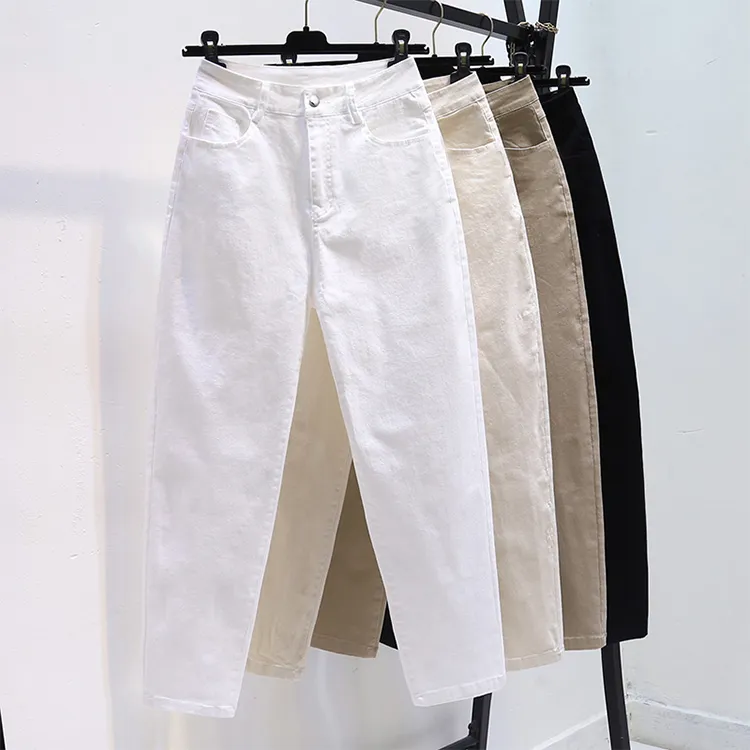白色高腰显瘦百搭牛仔裤女2025秋冬季加绒加厚老爹弹力九分哈伦裤