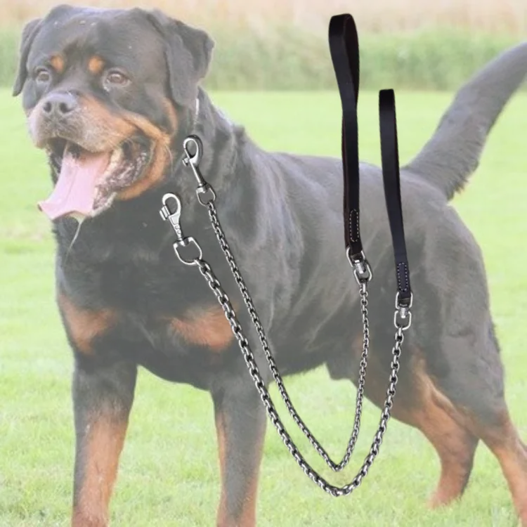 牛皮把手不锈钢牵引绳中大型犬狗链子防咬结实遛狗遛猫猫咪狗绳