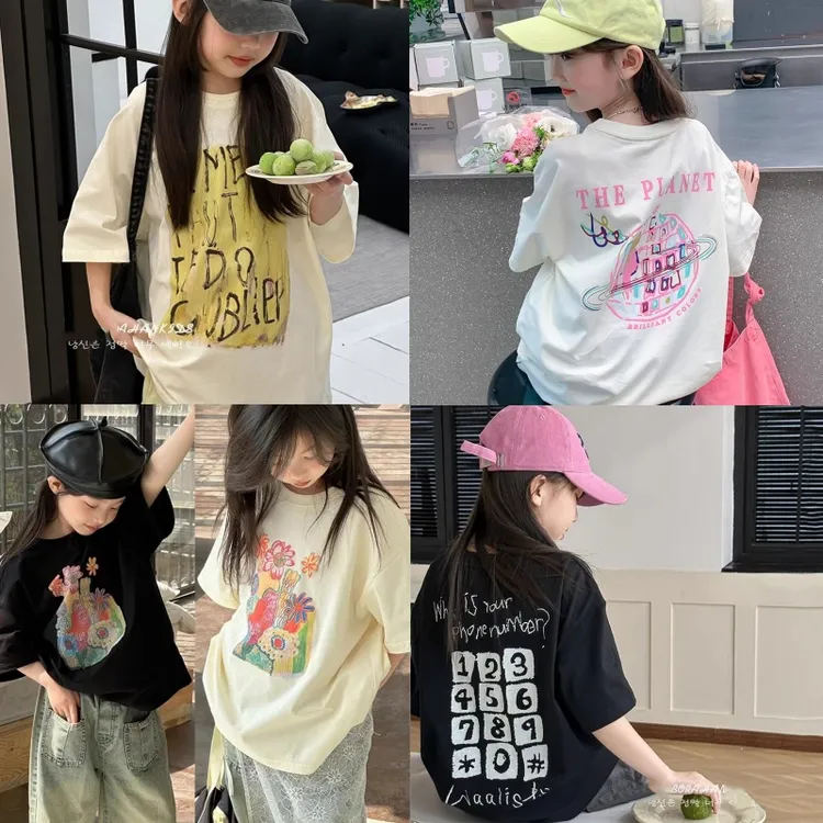【100%纯棉】2025女童短袖t恤印花上衣中大童夏季宽松百搭T恤儿童夏