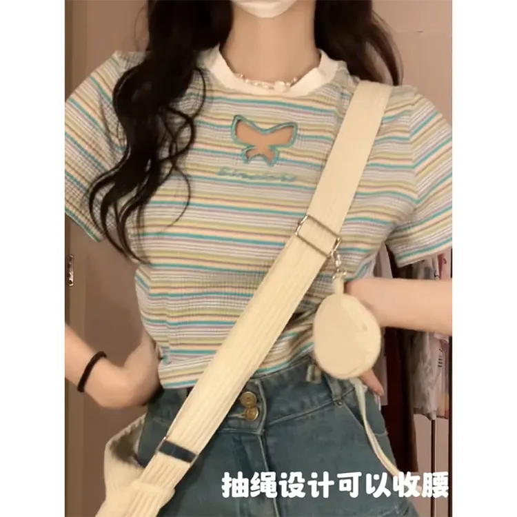 100%纯棉夏季新款t恤女甜辣设计感镂空条纹抽褶抽绳收腰显瘦上衣T