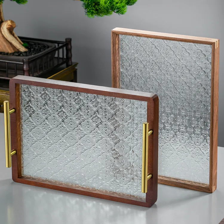 复古海棠花玻璃托盘家用长方形胡桃实木小茶盘杯子收纳水果点心盘