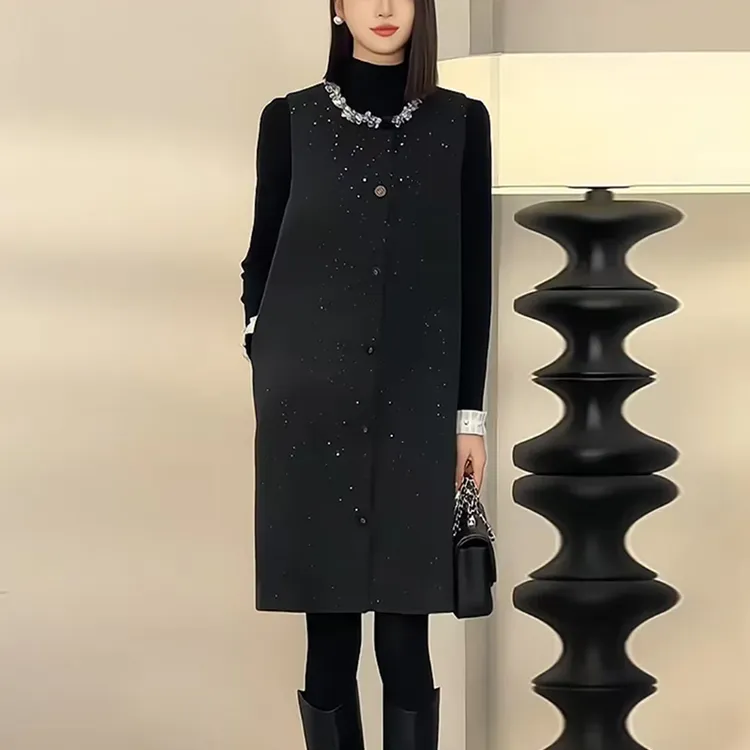 法式裙小香风钉珠领边新款洋气无袖裙子时尚套装显瘦休闲打底衫