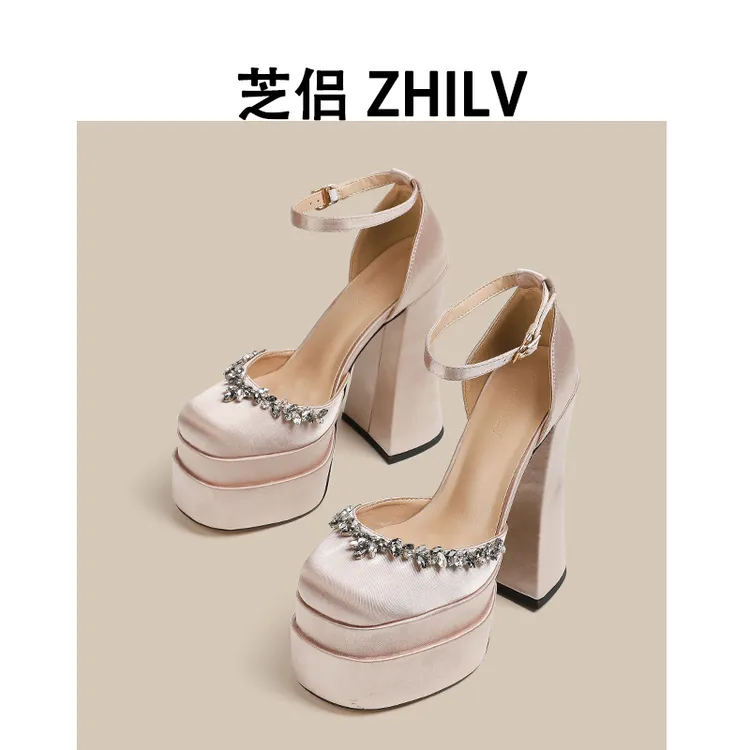 超高跟防水台2024年小个子新款粗跟香槟色粗跟绸缎缎面白色婚鞋