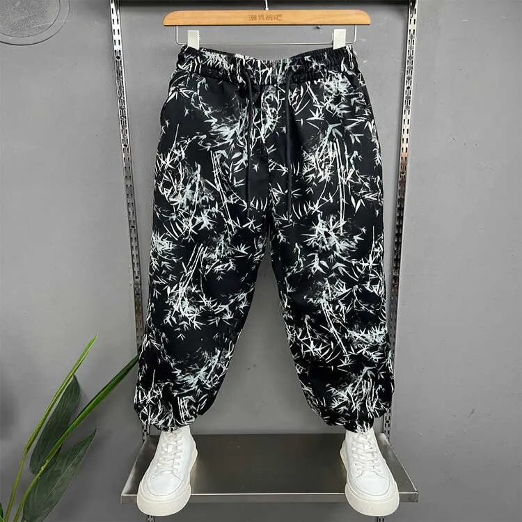 2024新款个性竹子花裤子宽松小脚裤哈伦裤夏季速干薄料休闲长裤男