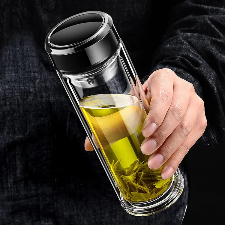 定制大容量双层高硼硅玻璃男女泡茶杯子办公车载防爆带盖透明水杯