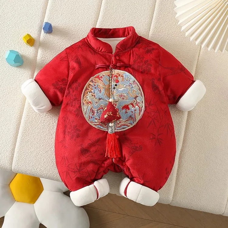 宝宝加厚连体衣冬季婴儿冬装哈衣满月周岁礼服拜年服过年喜庆衣服