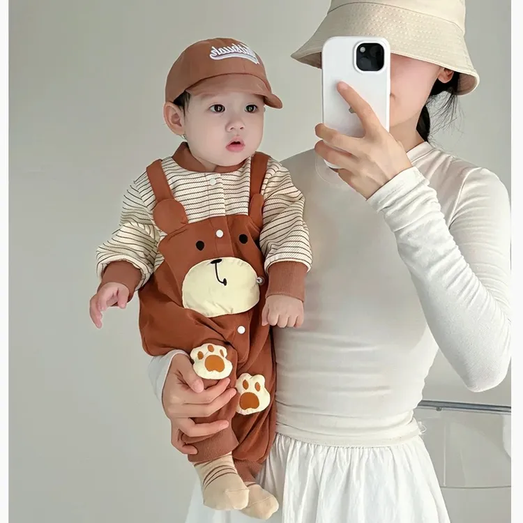 婴儿条纹熊连体衣服春秋季款装男女宝宝超萌洋气ins韩范哈衣爬服