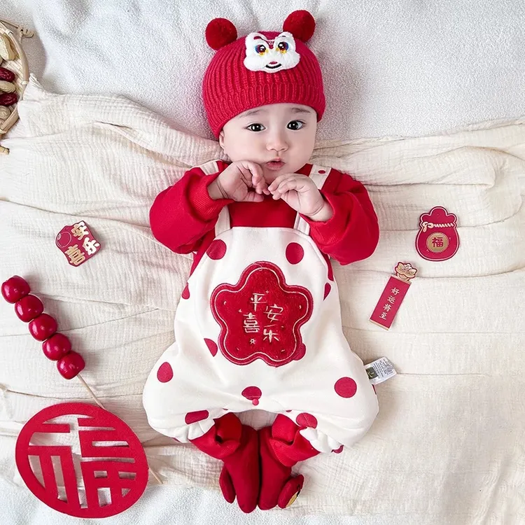 婴儿衣服秋冬加绒爬服百日周岁喜庆过年服假两件新生儿宝宝连体衣