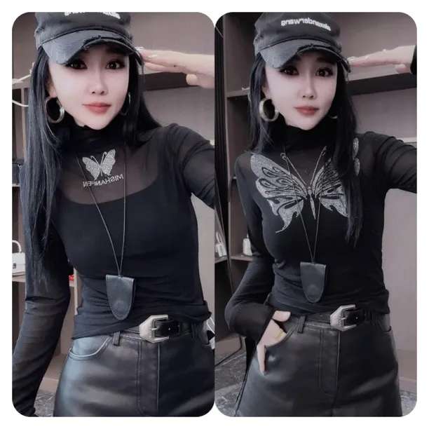 秋季新款性感网纱蕾丝蝴蝶结前后可穿长袖上衣打底衫时尚洋气百搭
