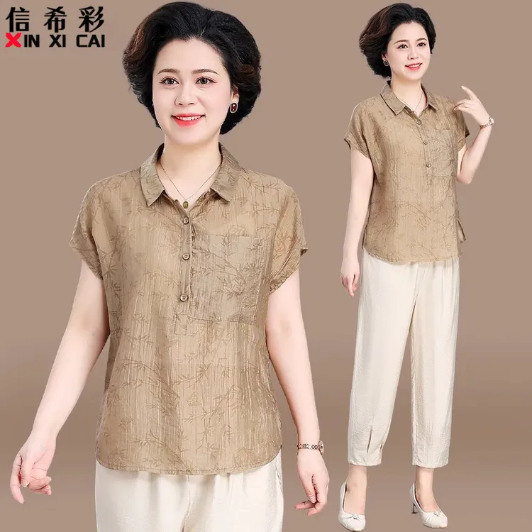 妈妈装夏装棉麻套装两件套中老年夏季短袖衬衫小个子宽松休闲上衣