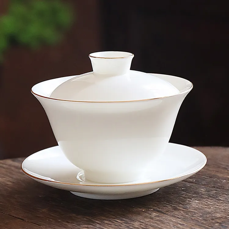 子规羊脂玉手工高档简约陶瓷大容量白瓷描金瓷盖碗办公室防烫盖碗