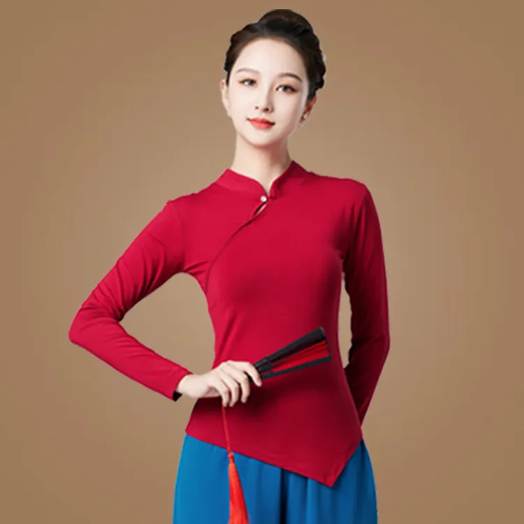 悦姿美特素色舞蹈上衣女春秋古韵盘扣民族风衣服广场舞百搭艺考比