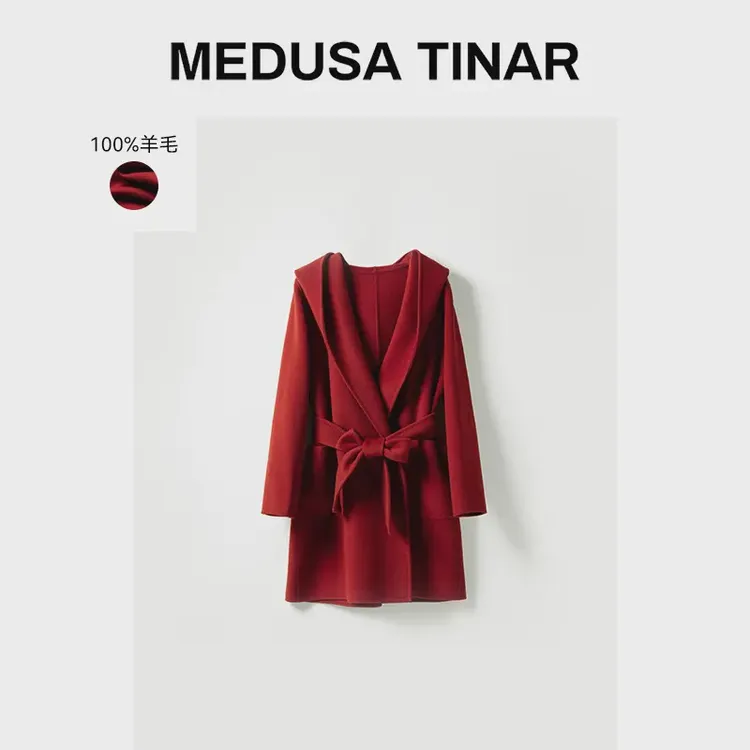 美杜莎蒂娜100羊毛连帽大衣双面呢大衣翻领气质轻奢时尚设计师
