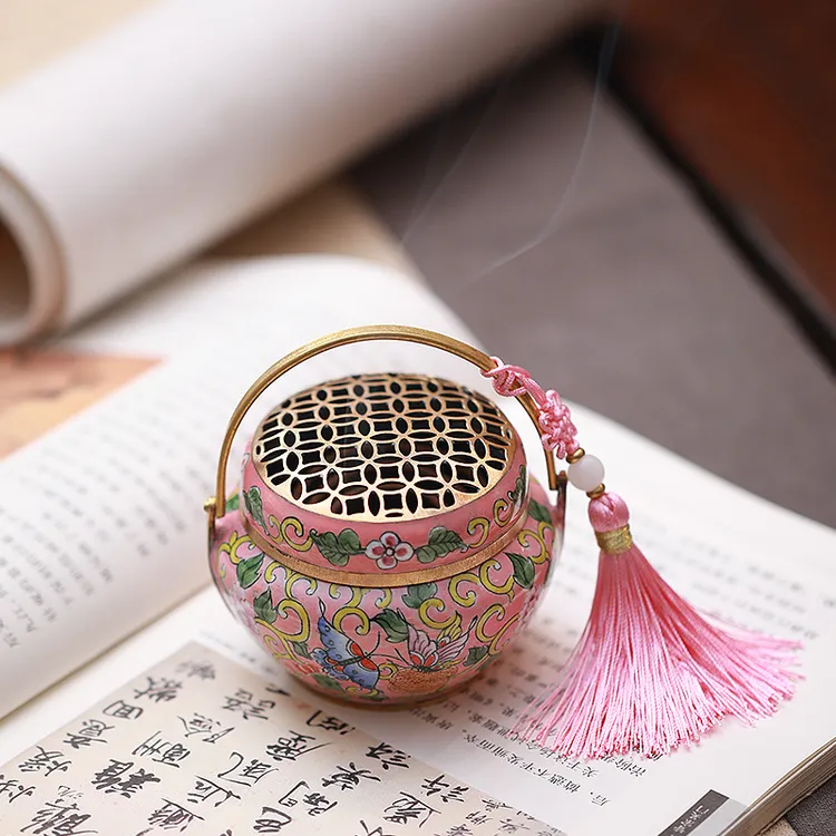 古风景泰蓝取暖小手炉烧炭熏香盘香炉家用纯铜檀香炉香薰炉中式