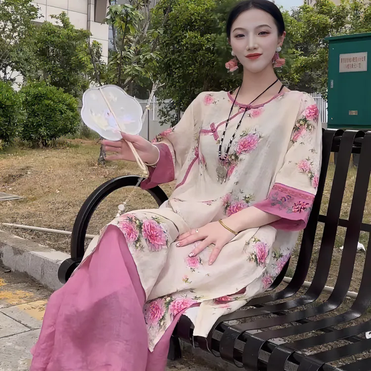 【胭脂款】纯苎麻印花夏季圆领斜襟盘扣中长款茶服上衣衣服