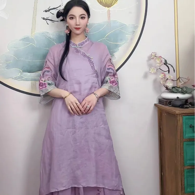 【凤鸾】复古国风苎麻印花夏季圆领斜襟盘扣中长款茶服出行
