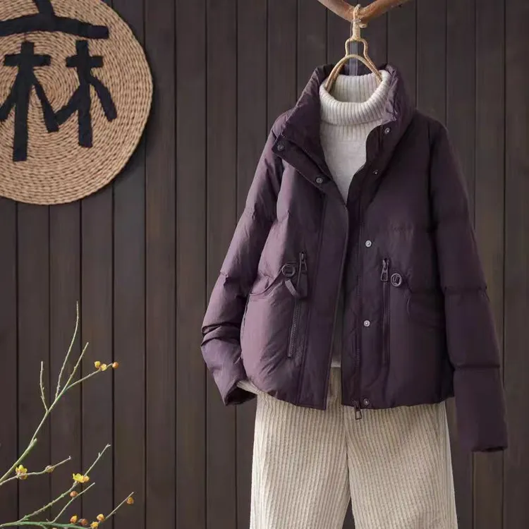 瑾桑洋气紫短款羽绒服女韩版时尚宽松显瘦白鸭绒立领加厚保暖外套