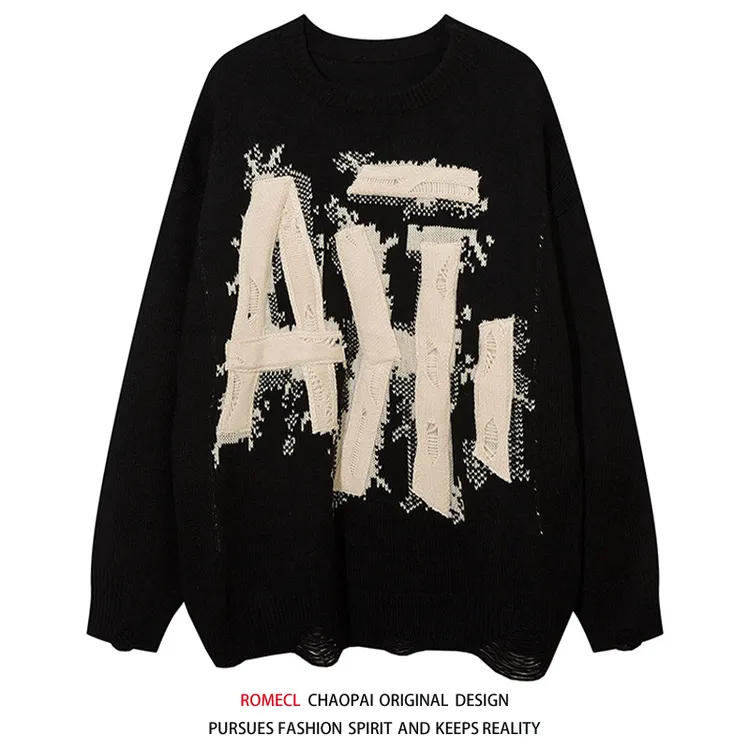 ROMECL西海岸港风chic字母提花破坏毛衣男女bf秋冬保暖针织上衣潮
